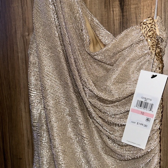 SIZE 10 Calvin Klein One Shoulder Metallic Beaded Champagne Gold Gown, NWT - Picture 2 of 8